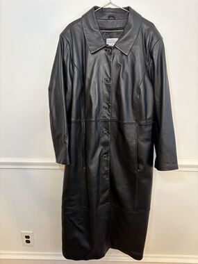 VTG Bradley Bayou Black Leather Trench Coat Duster Size 3X Plus Size 90s